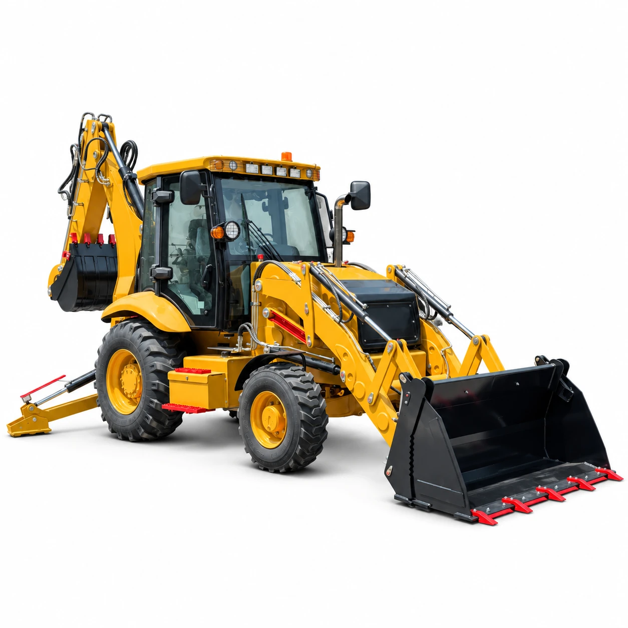 XQ-WZ420D 4WD Backhoe Loader 1 XQ-WZ420D 4WD backhoe loader with front loader bucket, rear excavator arm, enclosed cab, stabilizer and heavy-duty tires