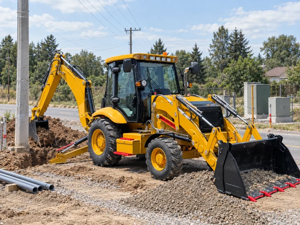 XQ-WZ420D 4WD backhoe loader working on a roadside construction site with front loader bucket, rear excavator arm, enclosed cab and stabilizers